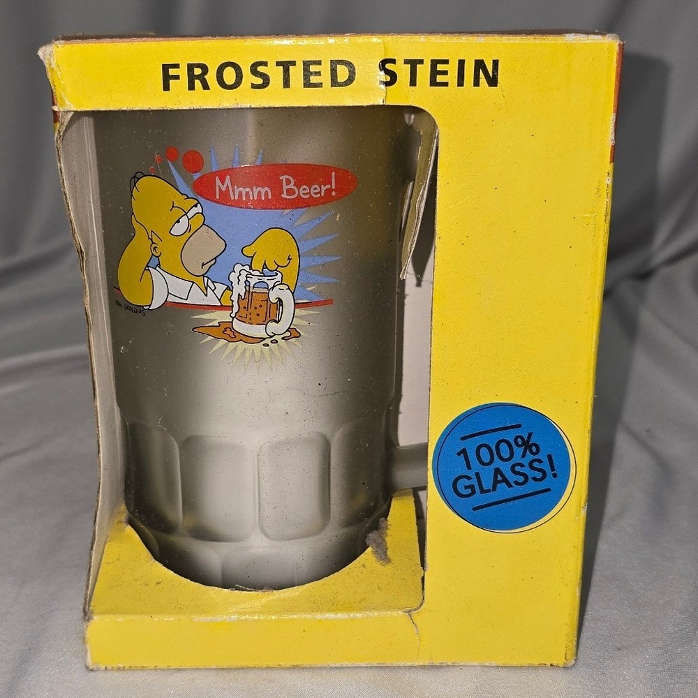 Vintage The Simpsons Homer Mmm Beer Frosted Glass Stein Mug in Box 1990s